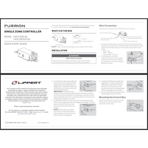 Furrion Single Zone Controller Quick Start Guide | FACC10SA-BL / FACC10ESSA-BL